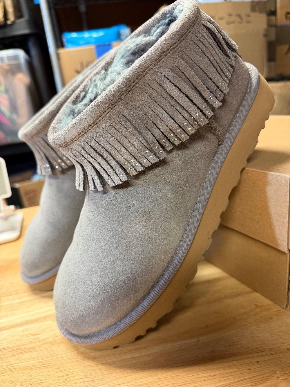 UGG Gray Suede Ultra Mini Fringe Crystal Bling Ankle Boots Size 8 #UC8